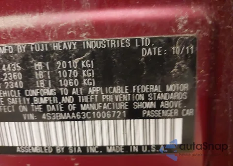 2012 Subaru Legacy 2.5I from USA, damaged, VIN 4S3BMAA63C1006721